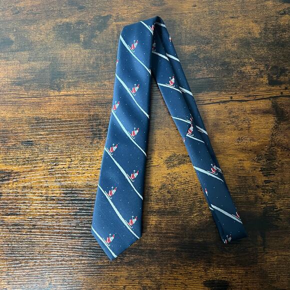 Christmas Santa Tie Skiing 3" Slim Necktie Navy Red Novelty Snow Stripe Holiday - Picture 1 of 7